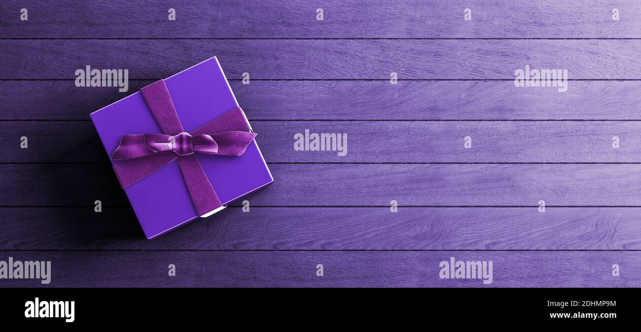 Mock-up poster, luxury purple gift box with satin bow on distressed purple wood planks background, night scene, 3D Render, 3D Illustration Stock Photo
