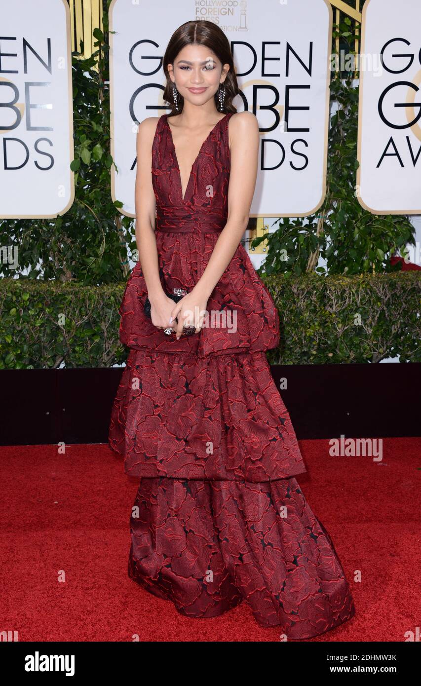Zendaya attending the 73rd Annual Golden Globe Awards held at the Beverly Hilton Hotel in Los Angeles, CA, USA, January 10, 2016. She wears a dress of Marchesa. Photo by Lionel Hahn/ABACAPRESS.COM Stock Photo
