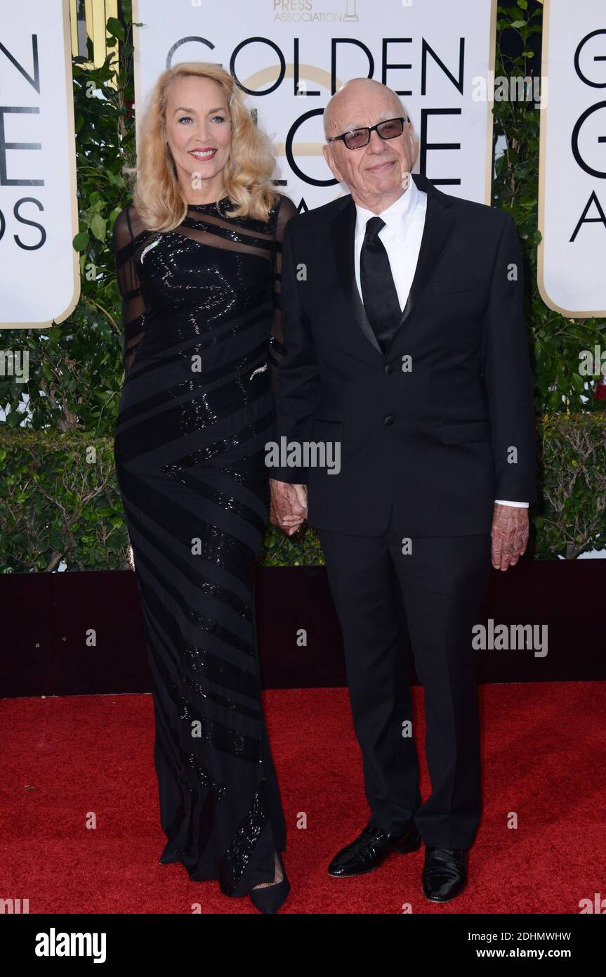 File photo : Jerry Hall and Rupert Murdoch attending the 73rd Annual Golden Globe Awards held at the Beverly Hilton Hotel in Los Angeles, CA, USA, January 10, 2016. Media mogul Rupert Murdoch and former supermodel Jerry Hall have announced their engagement after a whirlwind four-month romance. Mr Murdoch, 84, the executive chairman of News Corporation, which owns The Times, announced the news on the Births, Marriages and Deaths page of the newspaper. Photo by Lionel Hahn/ABACAPRESS.COM Stock Photo
