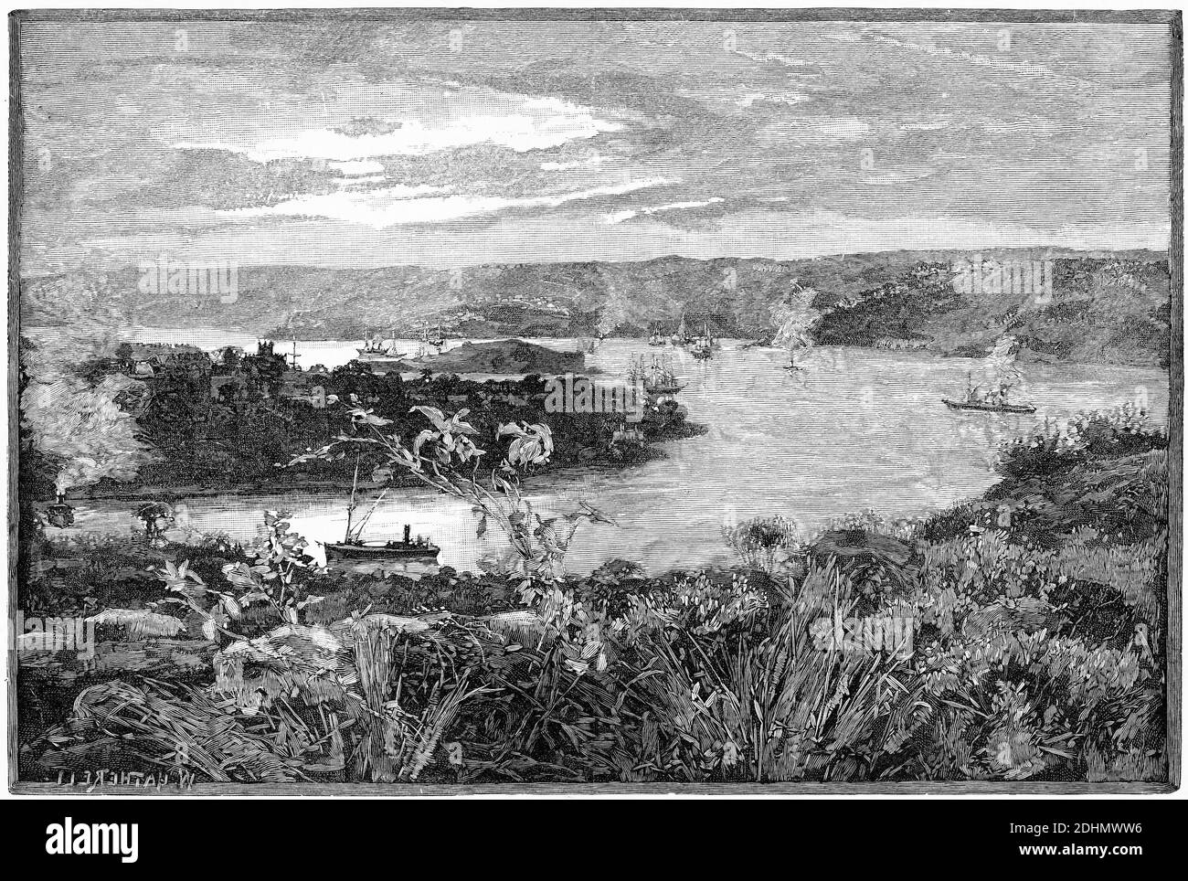 Engraving of Sydney Harbour from Belle Vue Hill, circa 1880 Stock Photo
