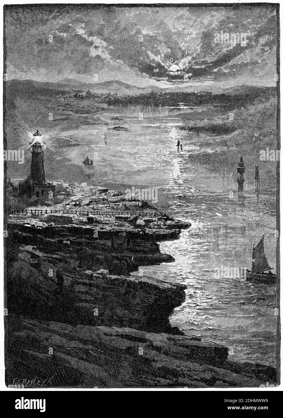 Engraving of Sydney Harbour from the South Head, circa 1880 Stock Photo