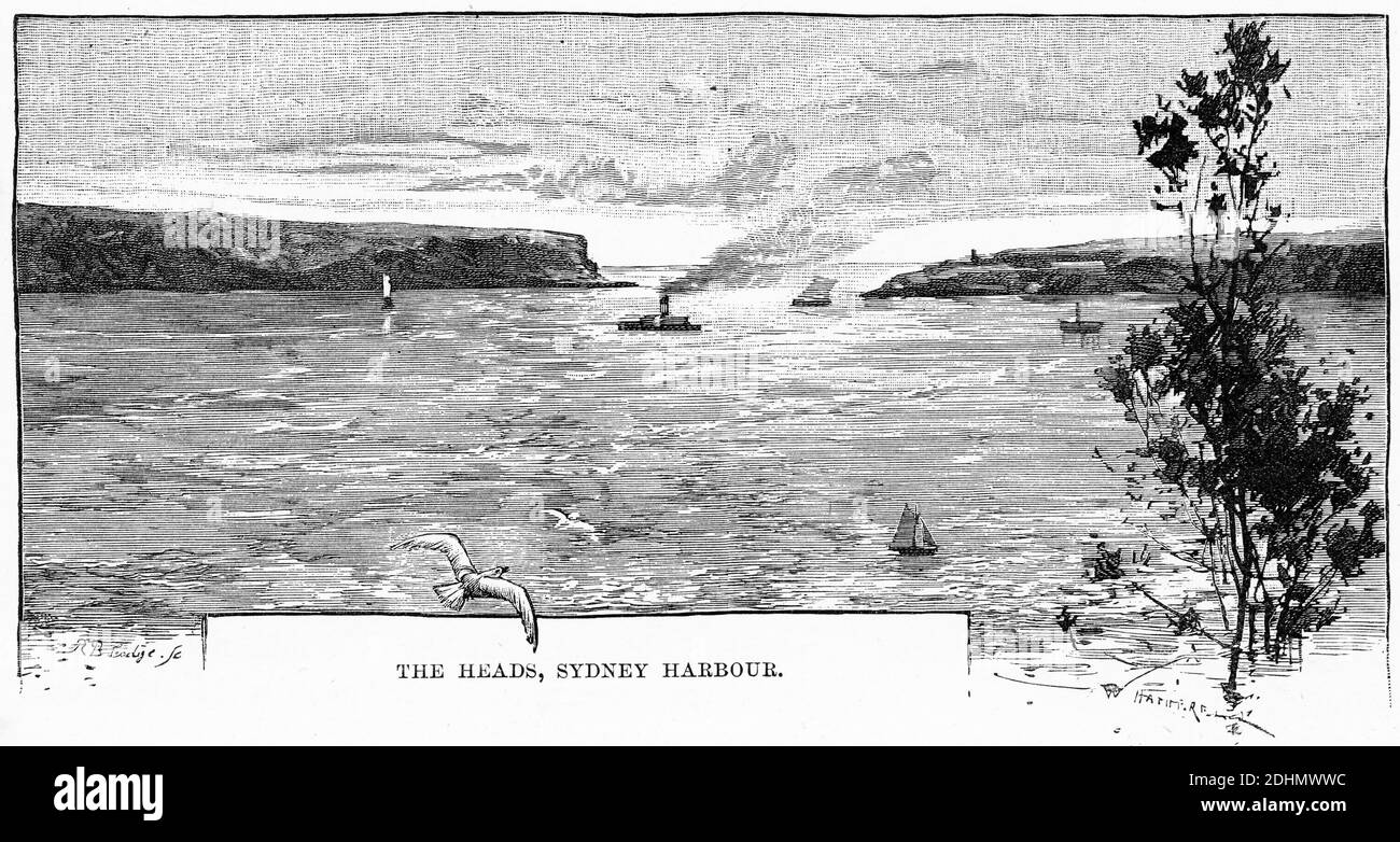 Engraving of the heads, the entrance to Sydney Harbour, circa 1880 Stock Photo