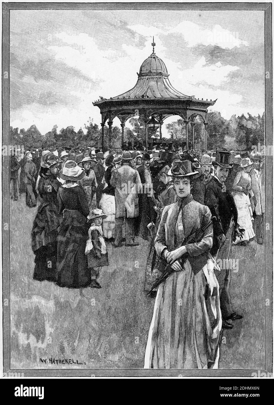 Engraving of a crowd gathered at the bandstand and rotunda in Adelaide, South Australia, circa 1880 Stock Photo