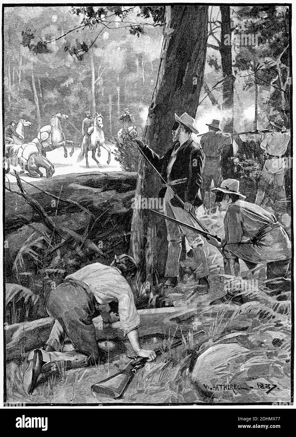 Engraving of Bushrangers holding up the gold escort near Melbourne, Victoria in the days of the gold rushes Stock Photo