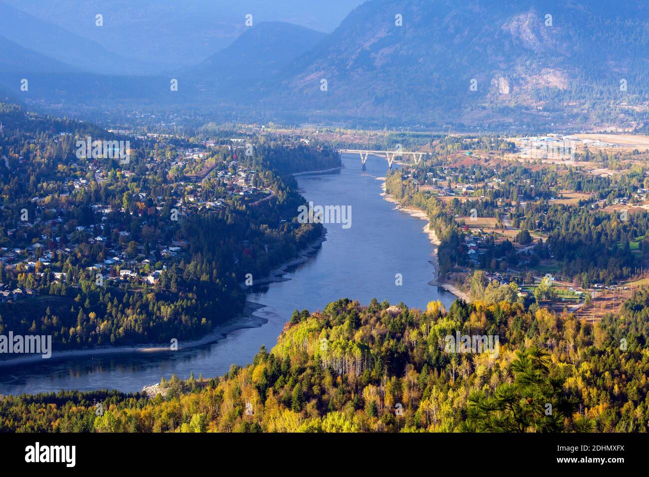 An autumn landscape view of the city of Castlegar and the Columbia