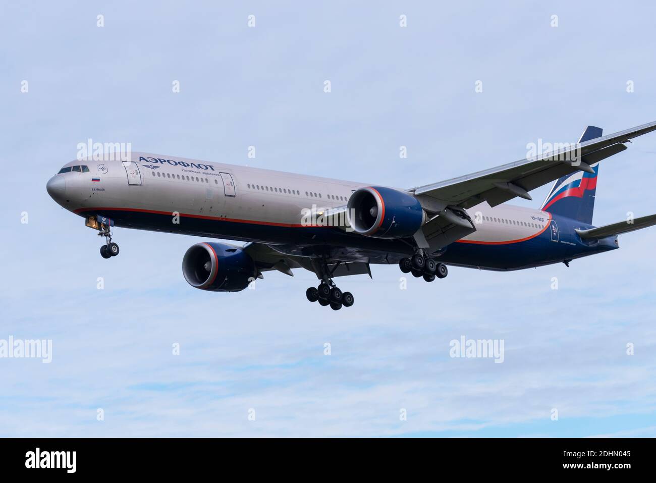 Aeroflot Russian Airlines Boeing 777 jet airliner plane landing at London Heathrow Airport, UK. American manufactured aircraft used by Russian airline Stock Photo