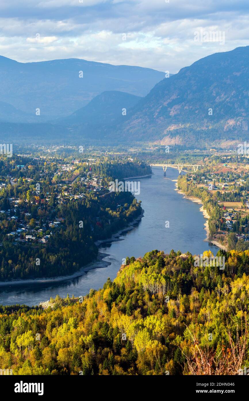 An autumn landscape view of the city of Castlegar and the Columbia