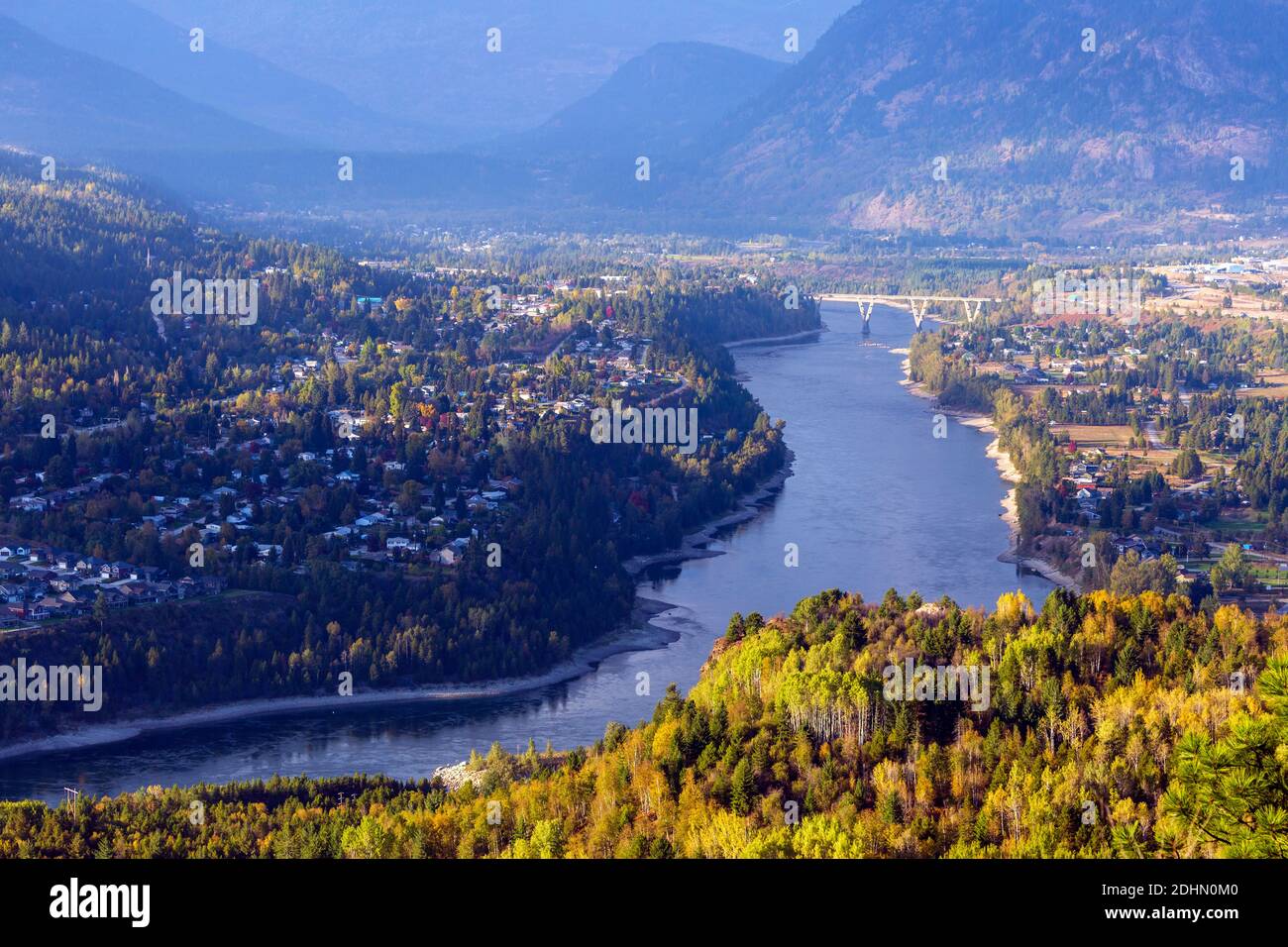 An autumn landscape view of the city of Castlegar and the Columbia