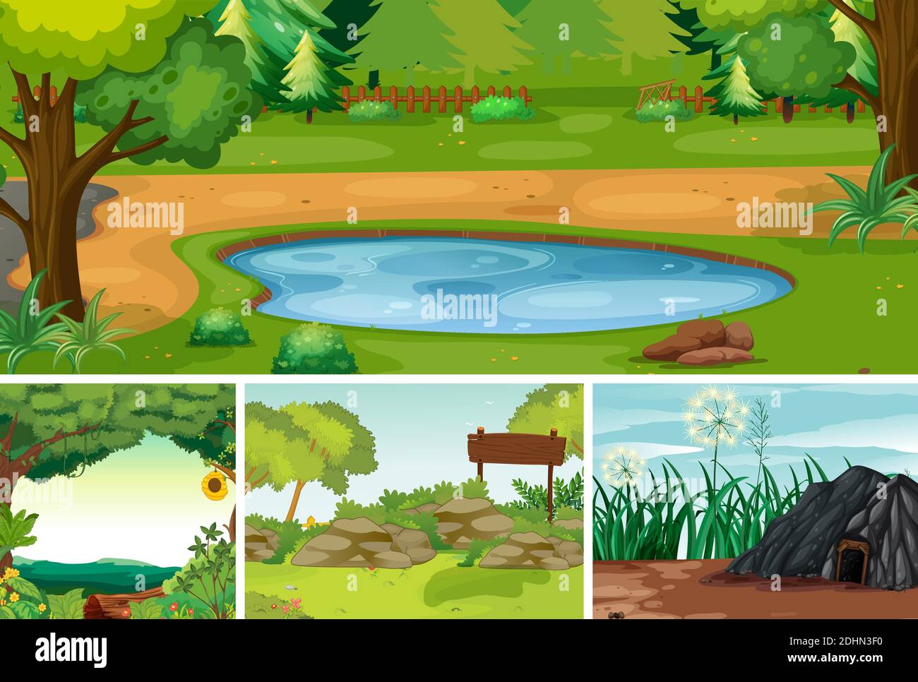 Four different nature scene of forest and swamp cartoon style illustration  Stock Vector Image & Art - Alamy