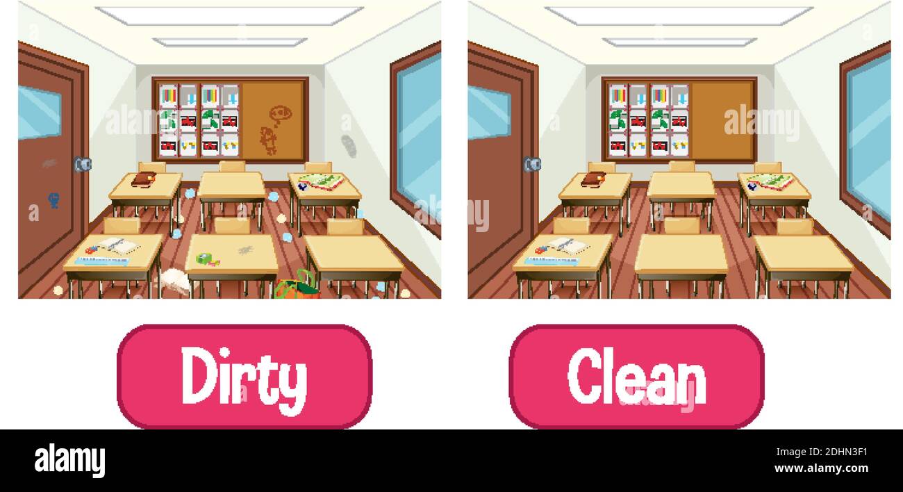 Opposite adjectives words with dirty and clean illustration Stock