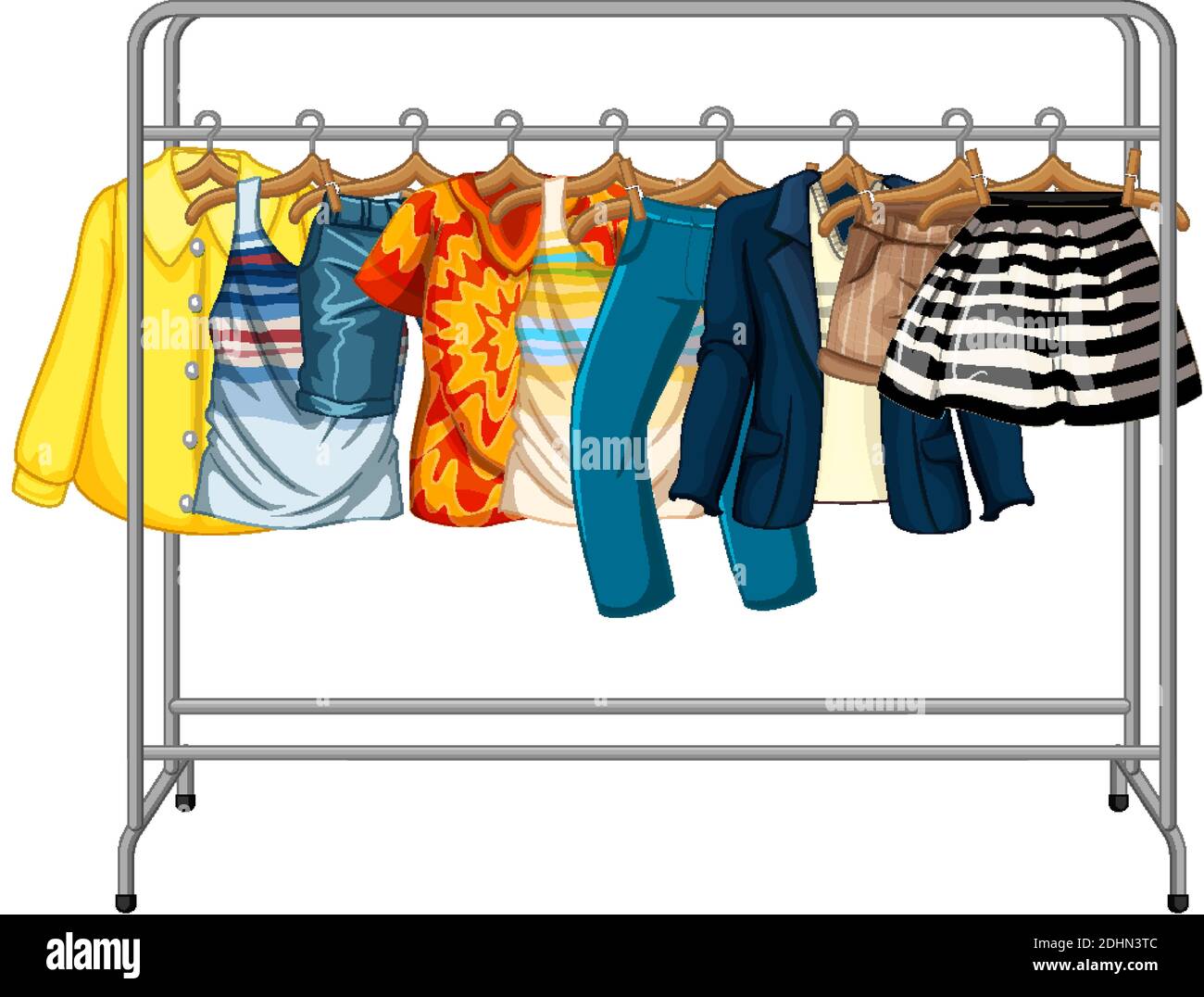 Many clothes hanging on a clothes rack on white background illustration ...