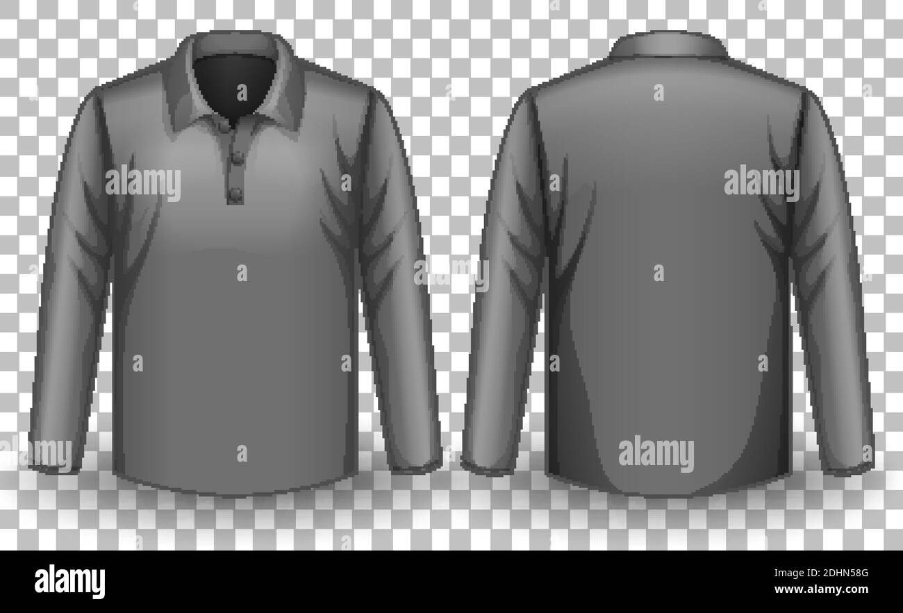 Gray long sleeves polo shirt front and back side illustration Stock ...