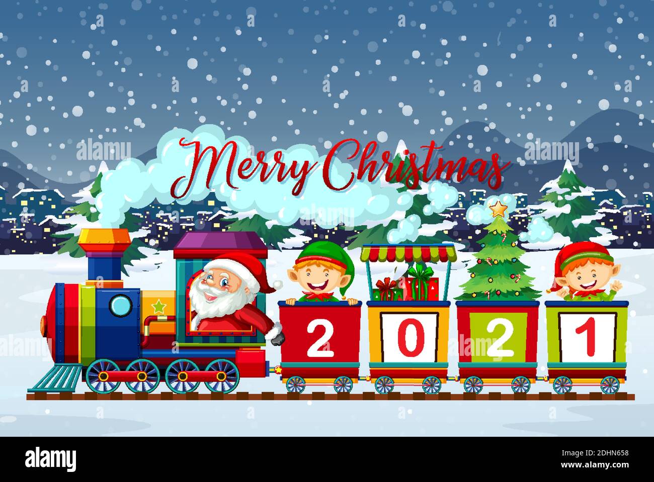 Merry Christmas font with Santa Claus and elf on the train in snow ...