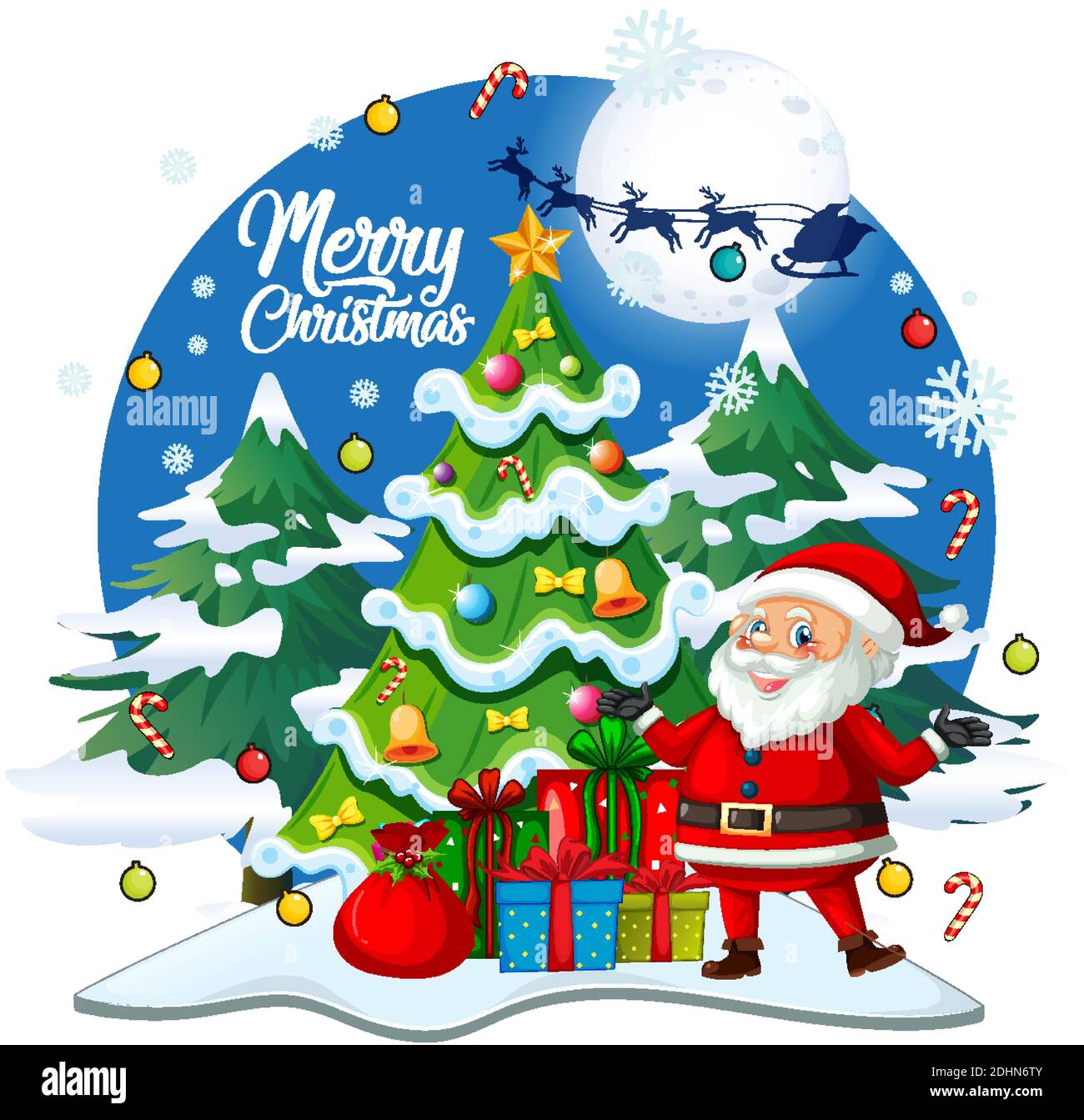 Merry Christmas font with cute Santa Claus cartoon character in ...