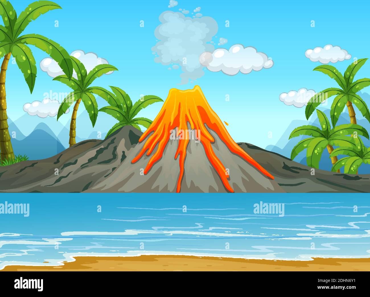 Volcanic eruption outdoor scene background illustration Stock Vector