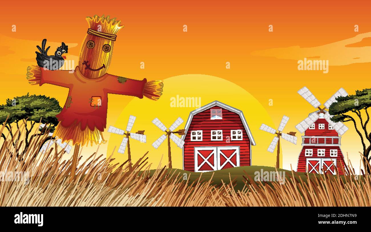 Farm scene in nature with barn and windmill and scarecrow illustration ...