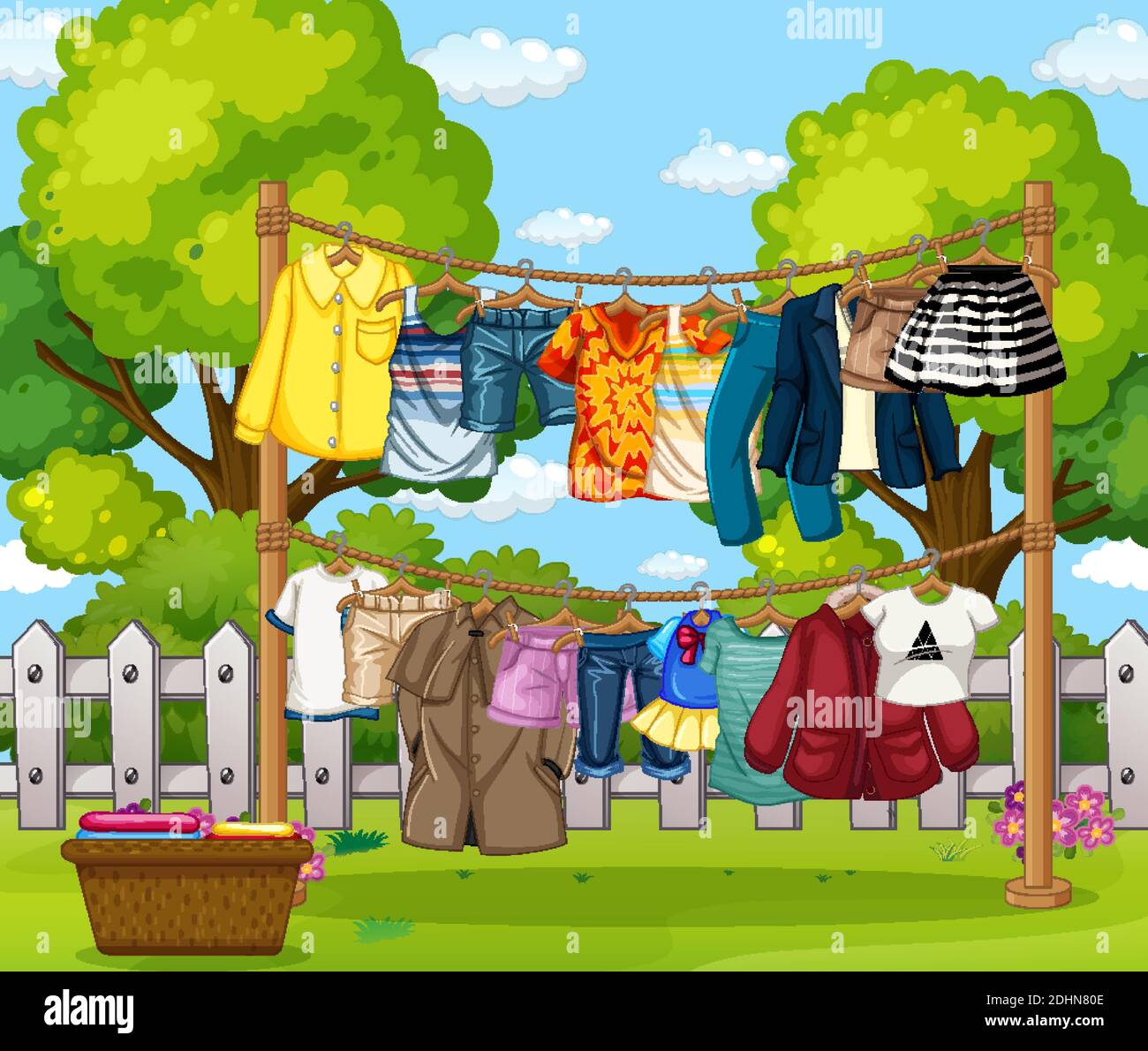 Many clothes hanging on a line outside the house scene illustration Stock Vector