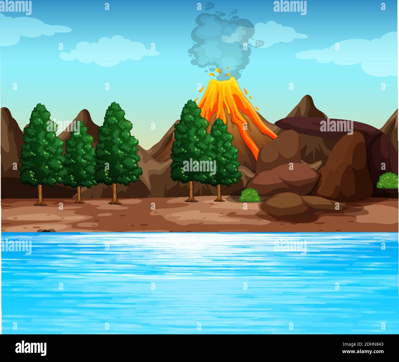 Volcanic eruption outdoor scene background illustration Stock Vector