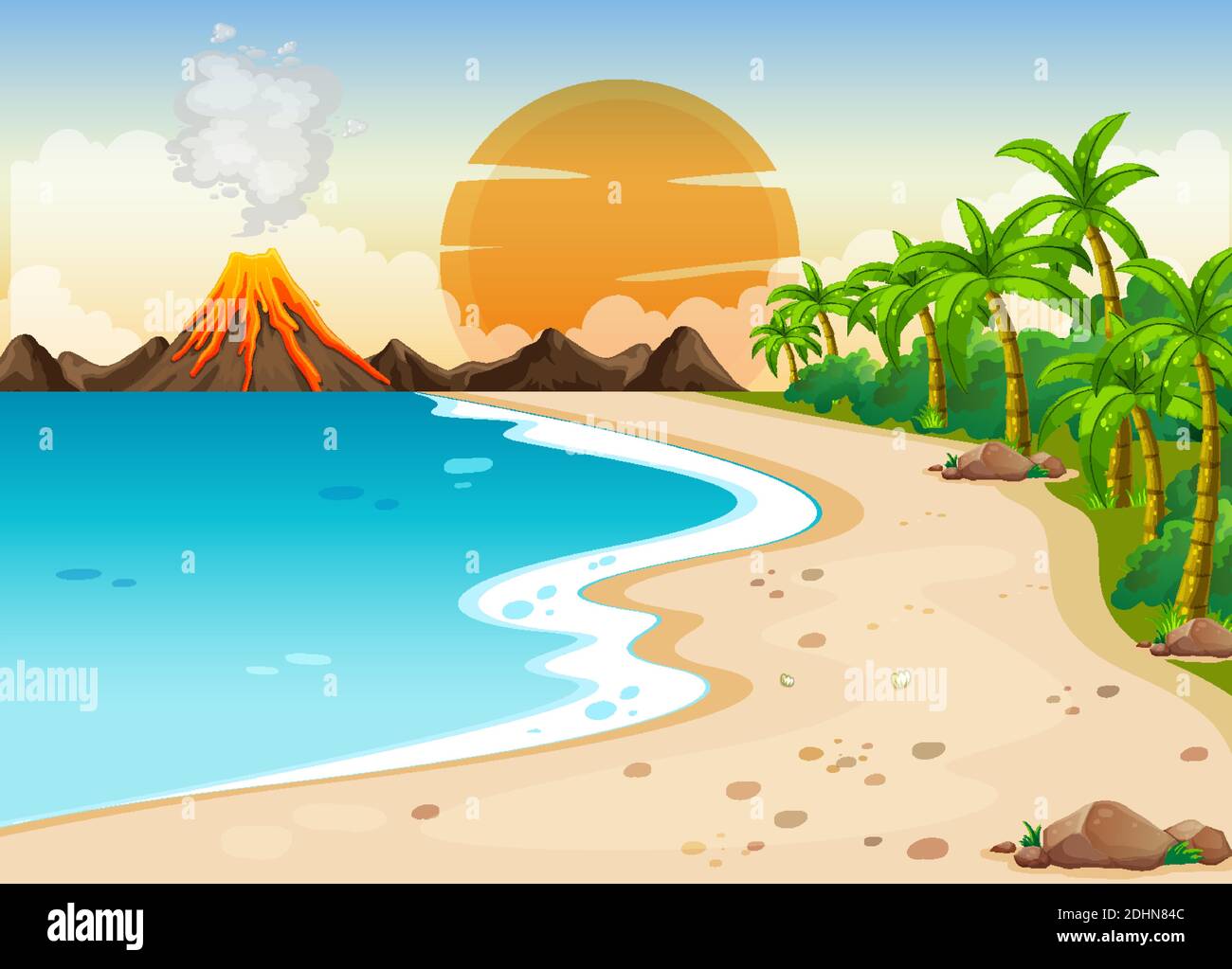 Volcanic eruption outdoor scene background illustration Stock Vector