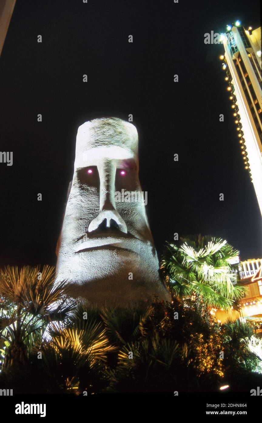 Illuminated Tiki style decor at the Tropicana Hotel in Las Vegas, NV, Stock Photo