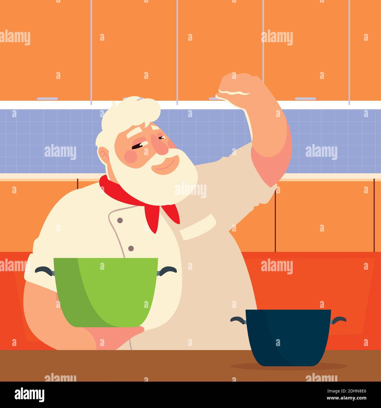 bearded chef cooking with pot professional restaurant vector ...