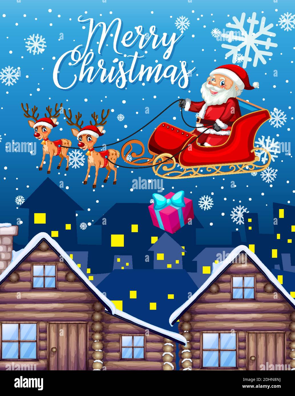 Merry Christmas font with Santa Claus on sleigh in the sky at night ...