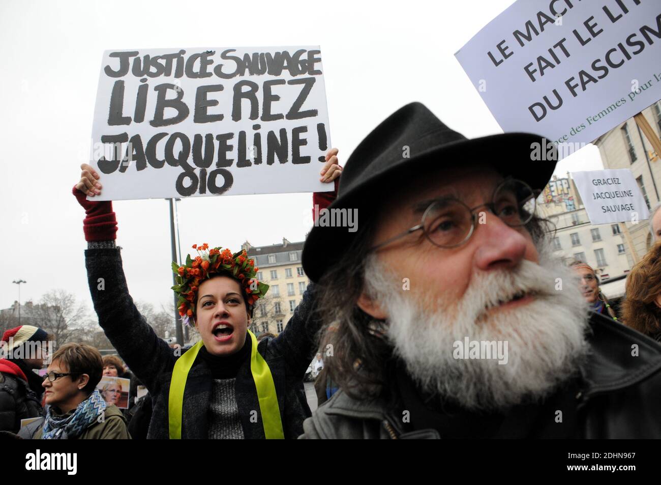 A woman holds a sign reading Let Jacqueline free, victim of patriarchal justice during a support protest in Paris on January 23, 2016. Jacqueline Sauvage was sentenced to 10 years of prison after being convicted for her husband's murder. She explained herself by affirming her husband raped and beated her and her daughters for more than 40 years. in Paris, France on January 23, 2016. Photo by Alain Apaydin/ABACAPRESS.COM Stock Photo
