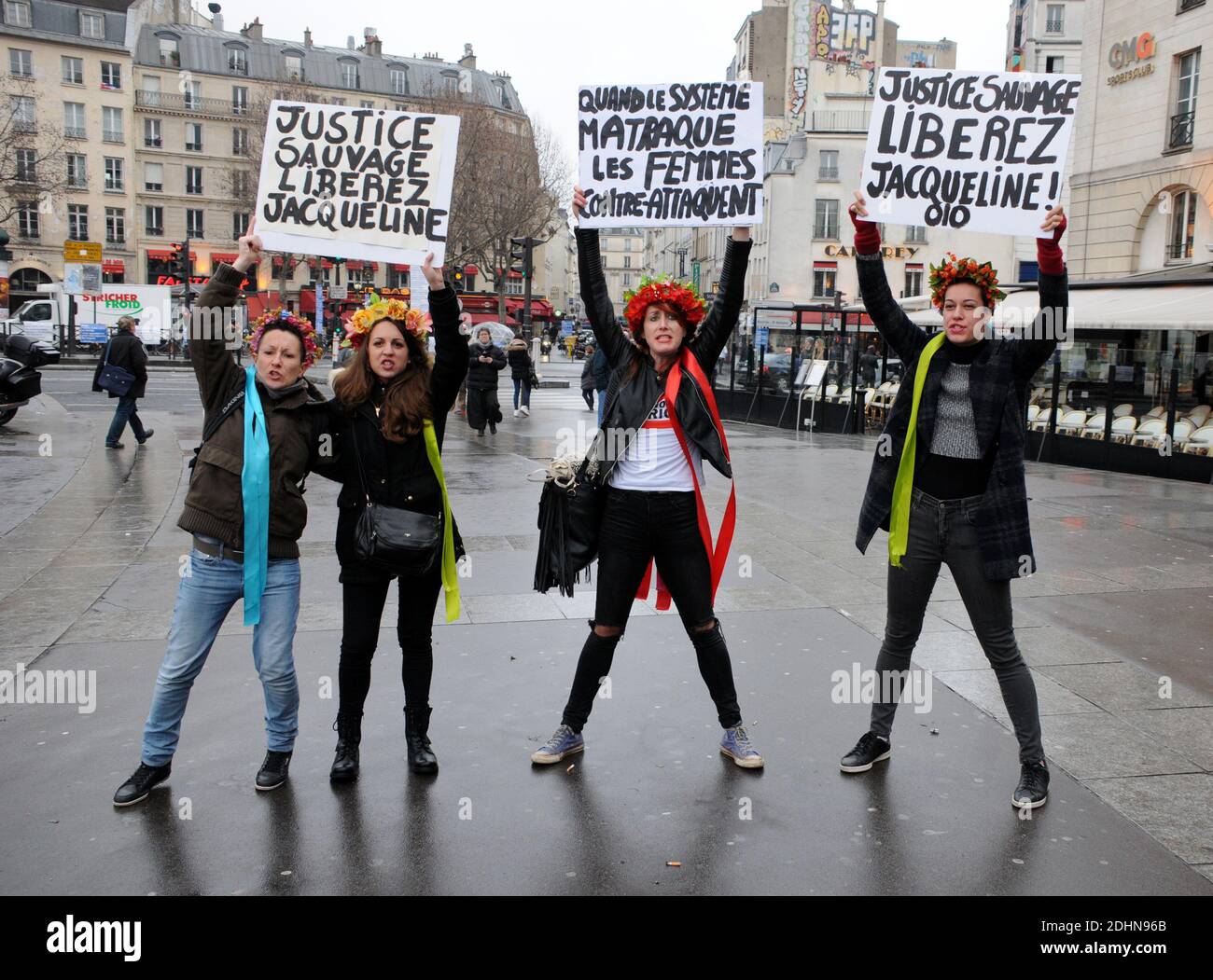 A woman holds a sign reading Let Jacqueline free, victim of patriarchal justice during a support protest in Paris on January 23, 2016. Jacqueline Sauvage was sentenced to 10 years of prison after being convicted for her husband's murder. She explained herself by affirming her husband raped and beated her and her daughters for more than 40 years. in Paris, France on January 23, 2016. Photo by Alain Apaydin/ABACAPRESS.COM Stock Photo