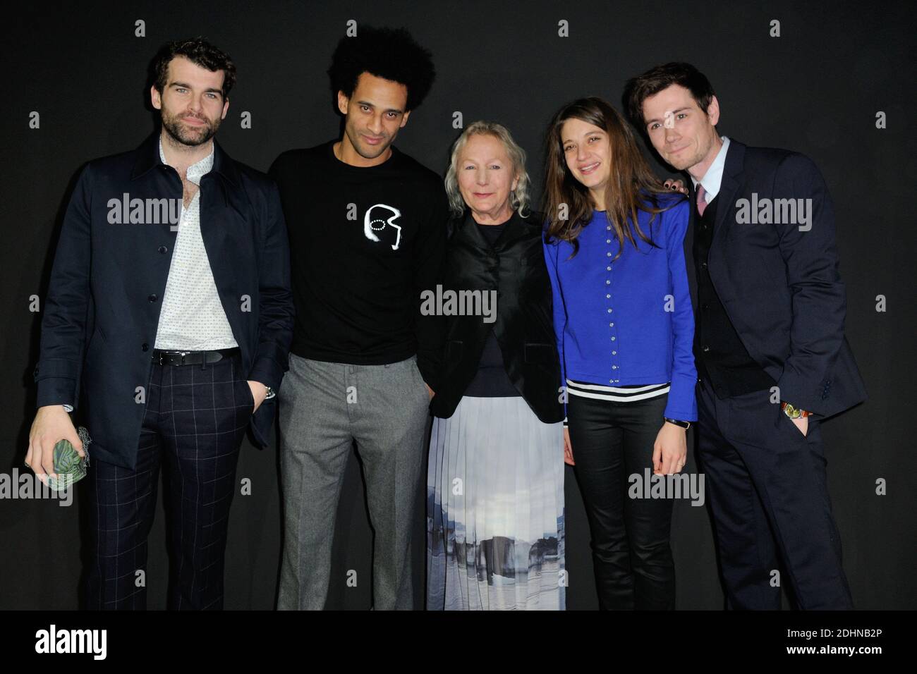 Agnes Trouble, better known as Agnes B, flanked by Stanley Weber, David Saada, Georgia Scalliet and Loic Corbery attend the Agnes B Menswear Spring-Summer 2016 show as part of Paris Fashion Week on January 24, 2016 in Paris, France. Photo by Alban Wyters/ABACAPRESS.COM Stock Photo