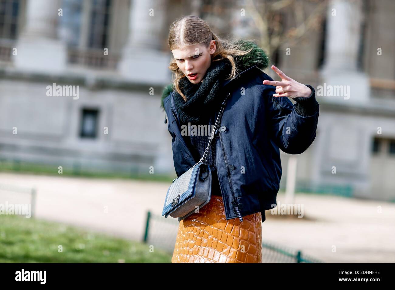 Street style, Camille Charriere arriving at Chanel Spring Summer 2021 show,  held at Grand Palais, Paris, France, on October 6, 2020. Photo by  Marie-Paola Bertrand-Hillion/ABACAPRESS.COM Stock Photo - Alamy