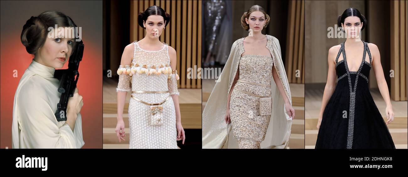The combination photo shows Princess Leia hairstyle. (L-R) File Photo of Carrie Fisher Alias Princess Leia Organa, Bella Hadid walks the runway during the Chanel collection, Gigi Hadid walks the runway during the Chanel collection and Kendall Jenner walks the runway during the Chanel collection on January 26, 2016 in Paris, France. Photo by ABACAPRESS.COM Stock Photo