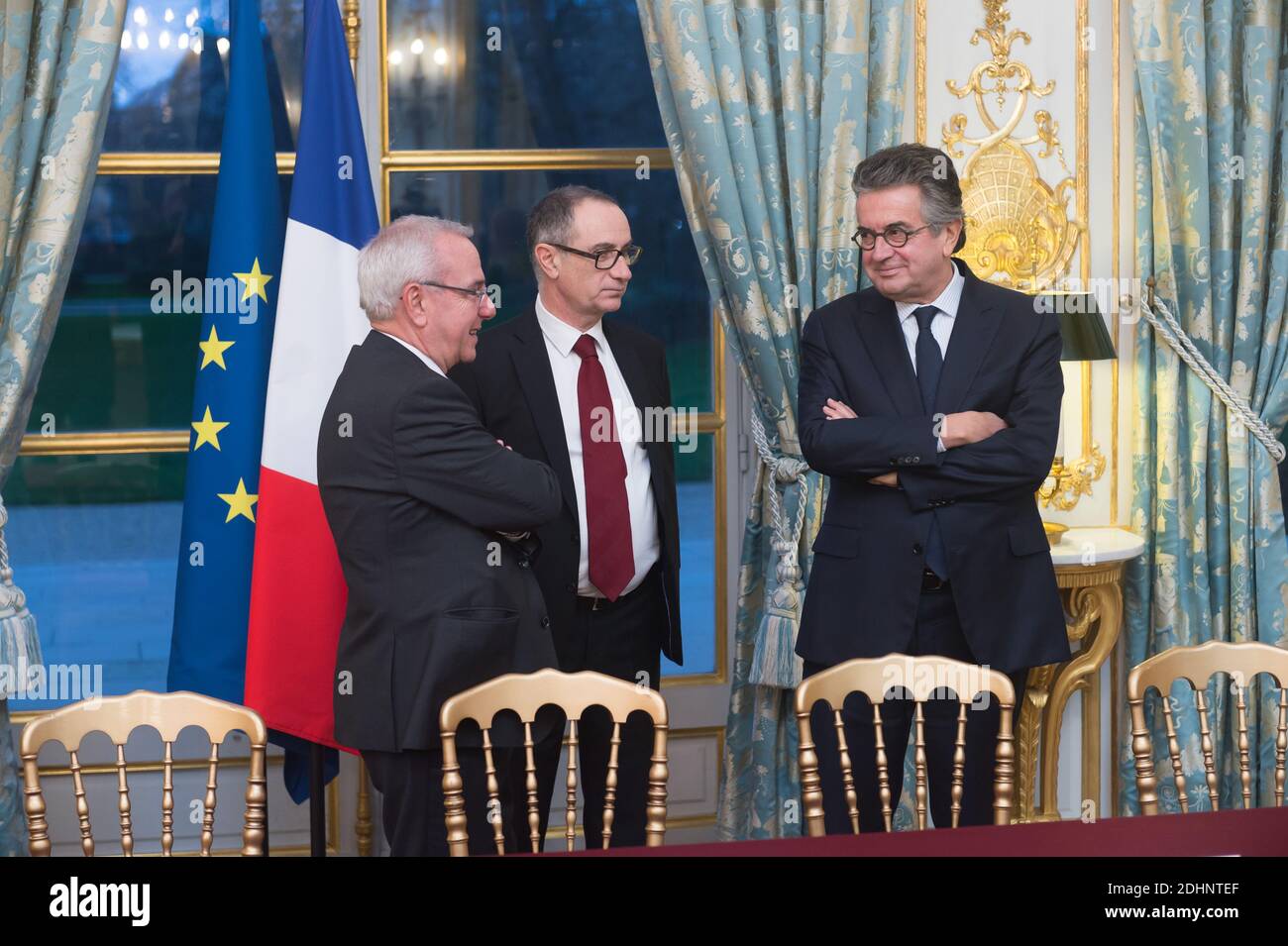 L-R) Alpes-Maritimes deputy Jean Leonetti, Bouches-du-Rhone deputy Michel  Amiel and Vienne deputy Alain Clayes, the rapporteurs of a draft bill on  end-of-life choices, prior to their meeting with French President Francois  Hollande,