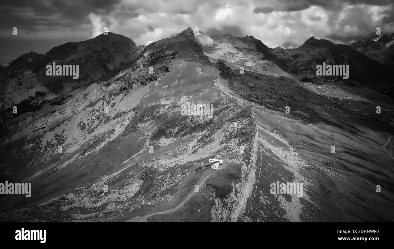 The Swiss Alps at Melchsee Frutt in black and white Stock Photo