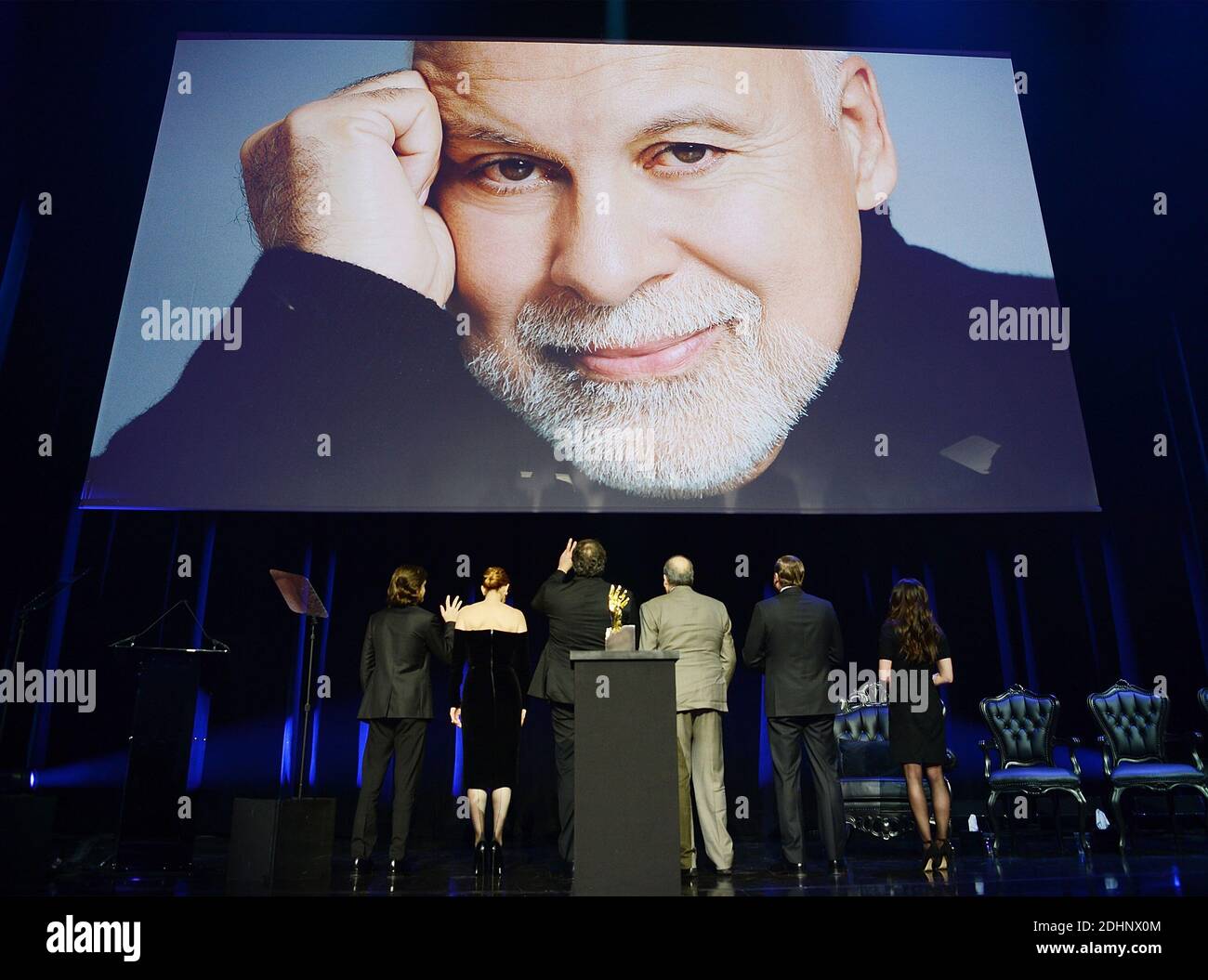 Rene-Charles Angelil, Celine Dion, Patrick Angelil, Andre Angelil, Jean-Pierre Angelil and Anne-Marie Angelil attend Rene Angelil's memorial ceremony at the Colosseum at Caesars Palace on February 3, 2016 in Las Vegas, Nevada, USA. Photo by Denise Truscello/Caesars Palace via ABACAPRESS.COM Stock Photo