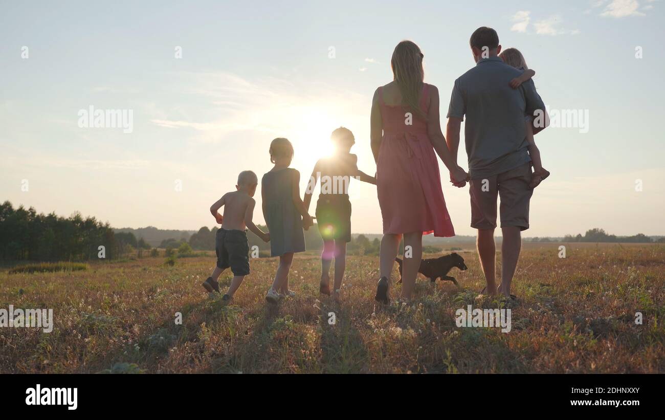 A friendly large family walks across the field at sunset with dog Stock ...