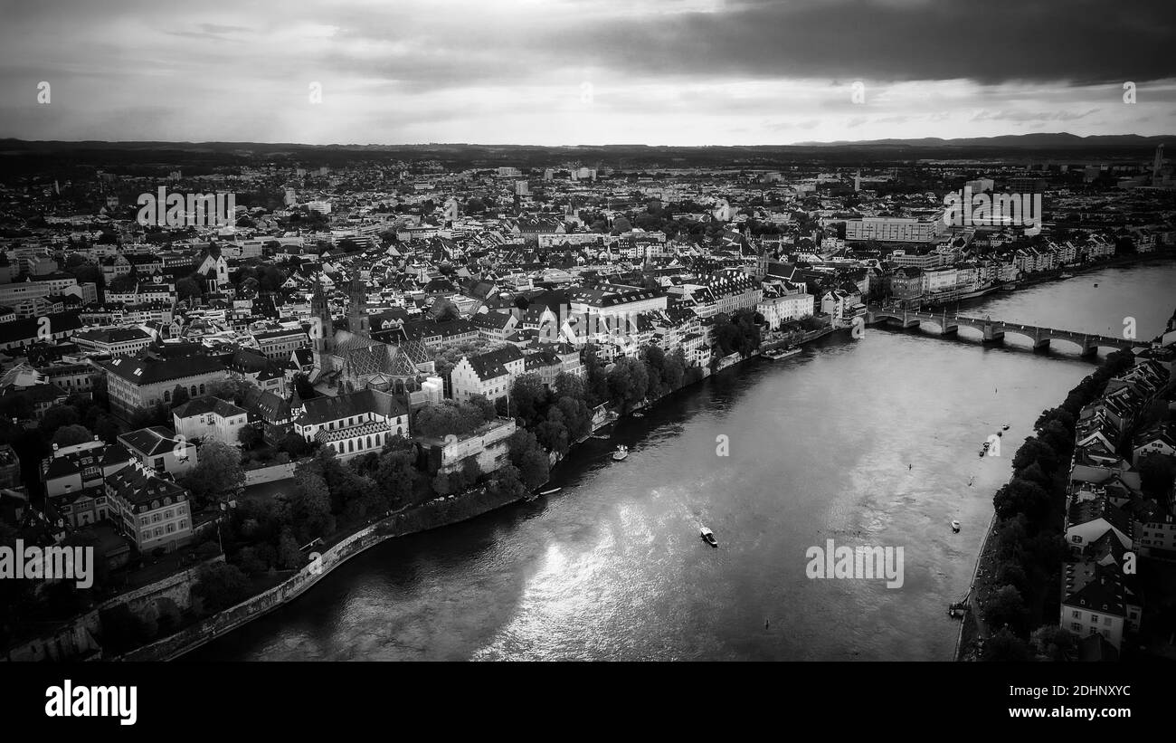 Evening view over the city of Basel in Switzerland in black and white Stock Photo