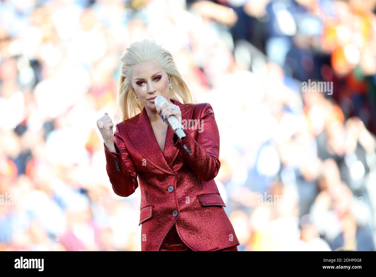 Lady Gaga sings the National Anthem at Super Bowl 50 at Levi's Stadium on  February 7, 2016 in Santa Clara, CA, USA. Photo by Lionel  Hahn/ Stock Photo - Alamy