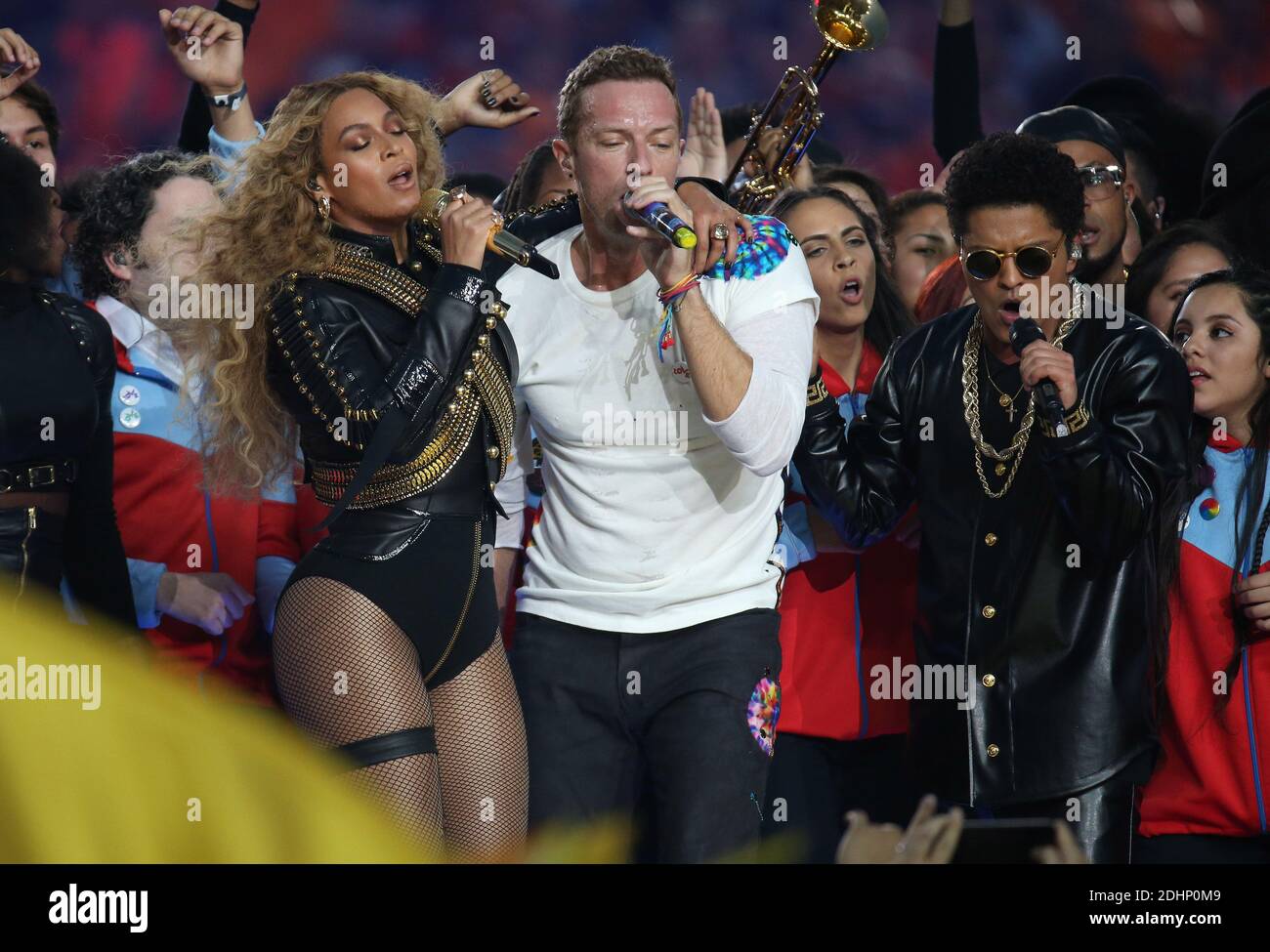 Beyonce, Chris Martin of Coldplay and Bruno Mars perform onstage during the  Pepsi Super Bowl 50 Halftime Show at Levi's Stadium on February 7, 2016 in  Santa Clara, CA, USA. Photo by