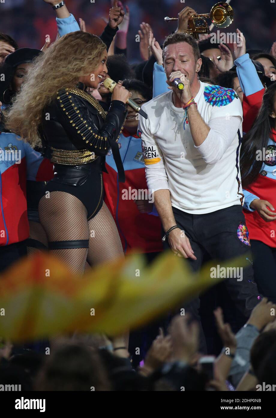 Beyonce, Chris Martin of Coldplay and Bruno Mars perform onstage