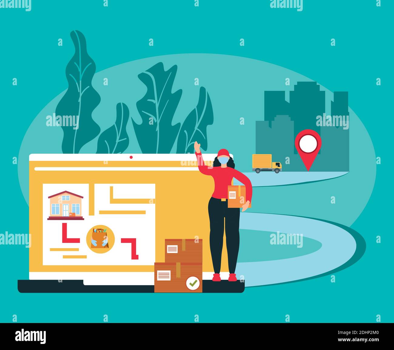 delivery woman packaging box service online order and tracking vector