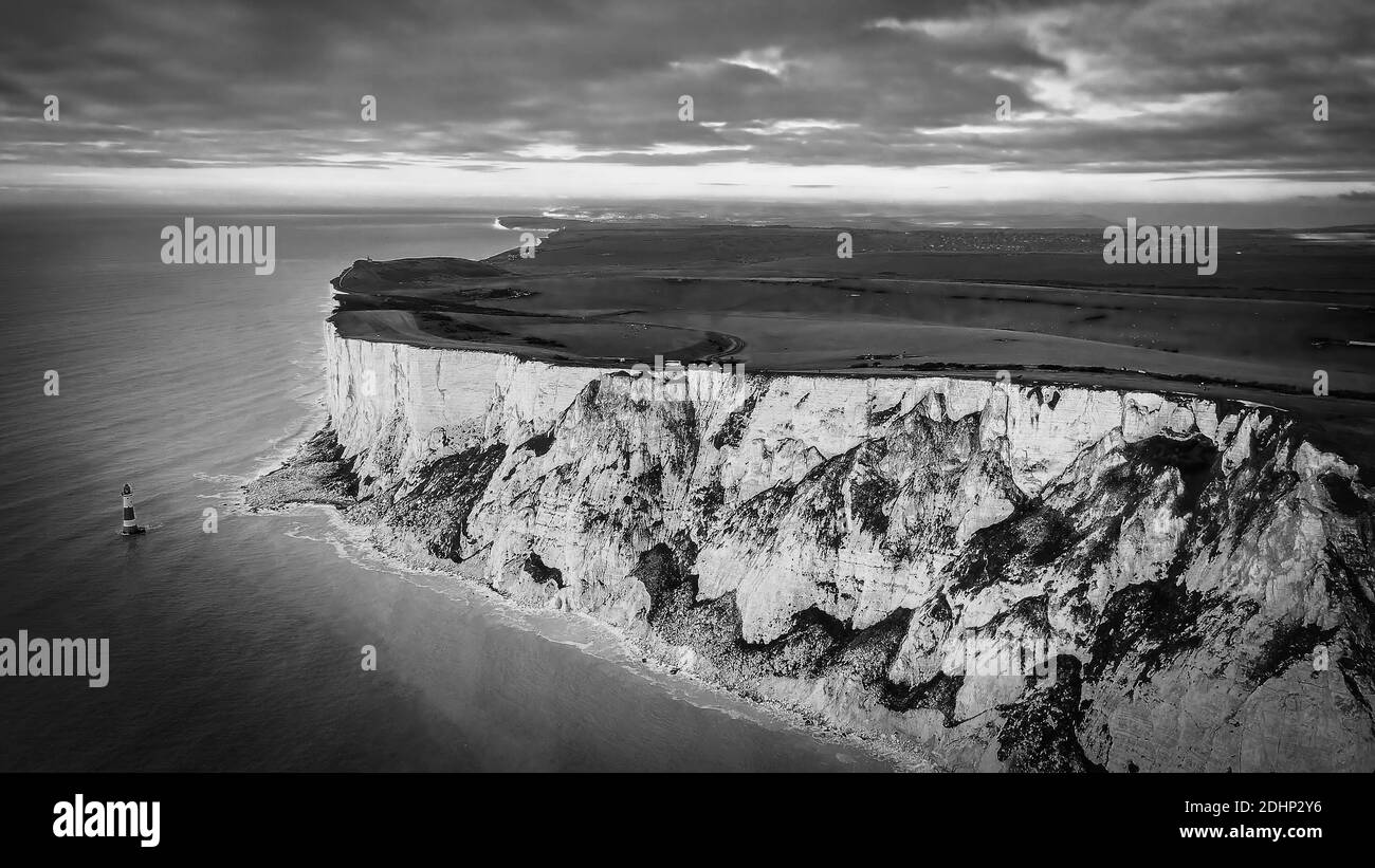 Awesome white cliffs of England aerial view in black and white Stock