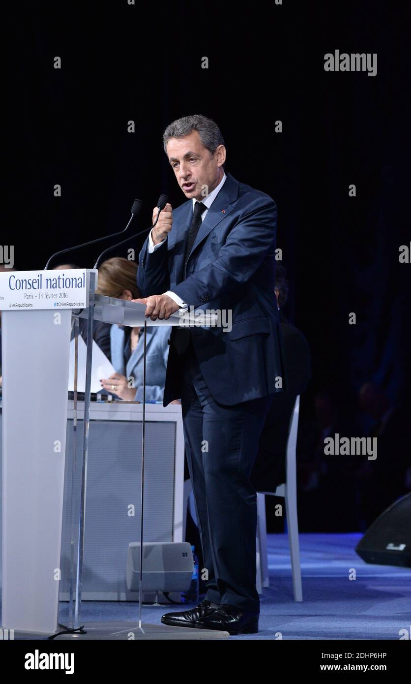 LR party president, former French President Nicolas Sarkozy delivers