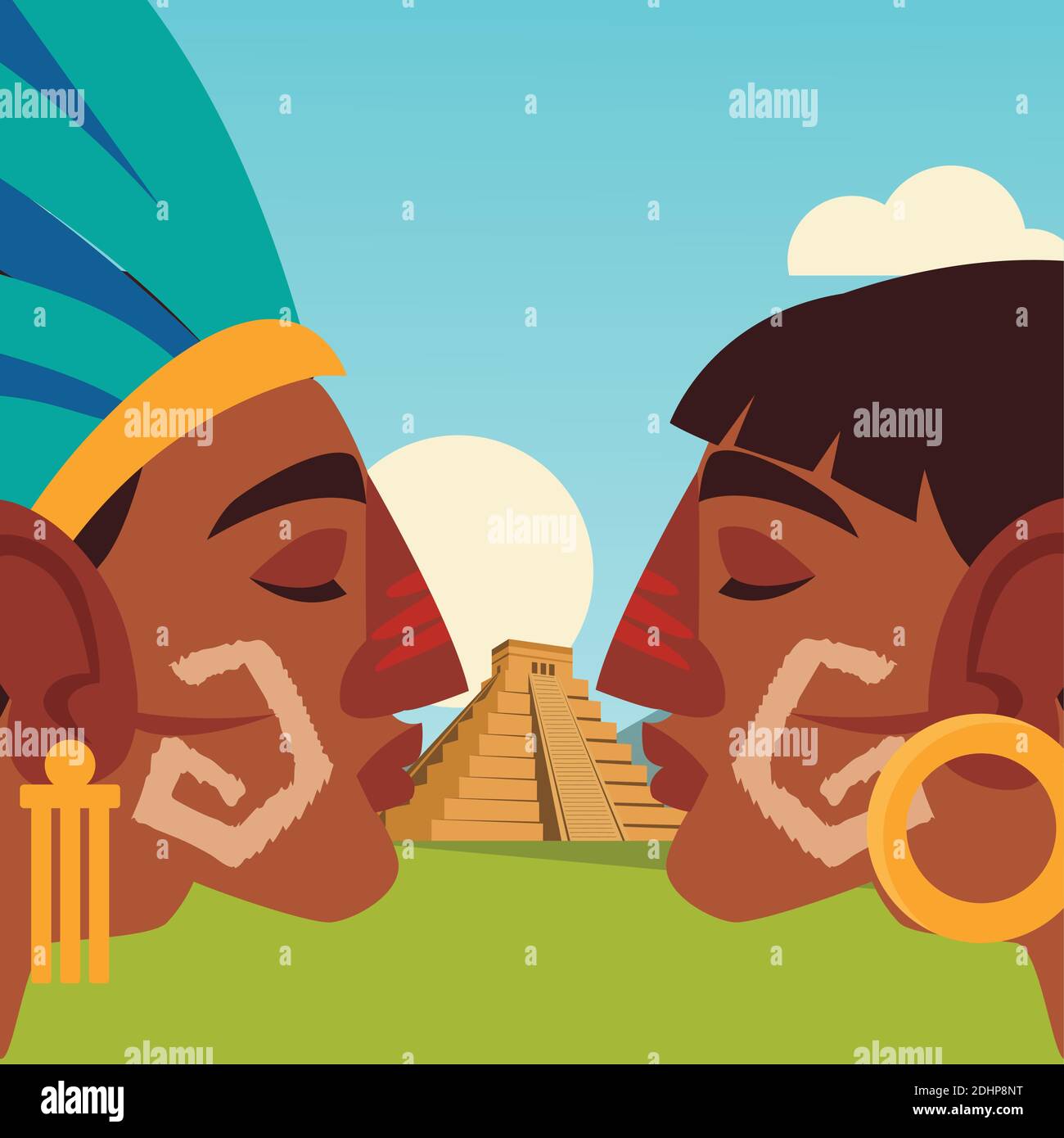 aztec warrior and pyramid in outdoor scene vector illustration Stock Vector