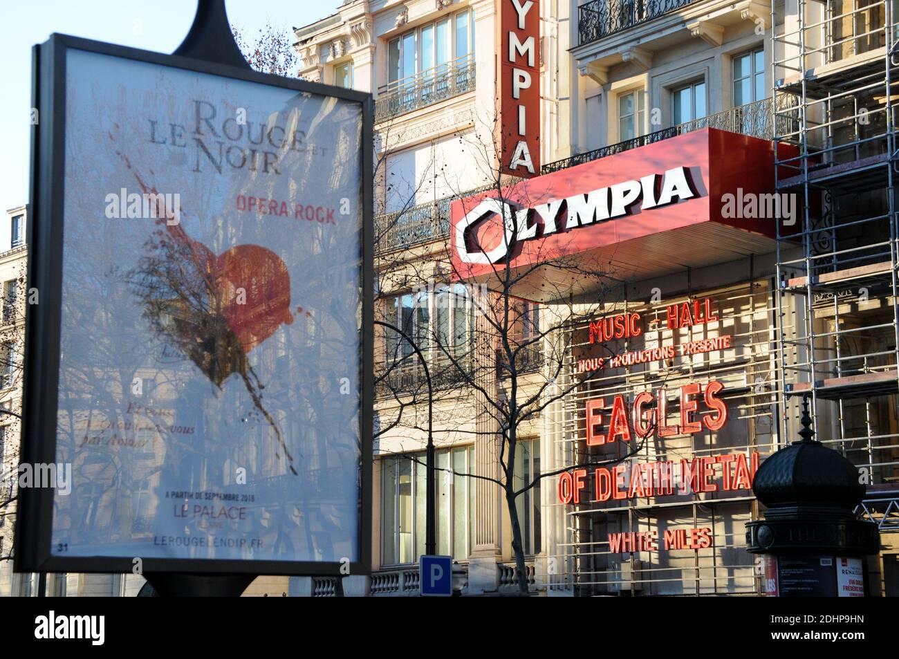 The lit illuminated letters on the facade of the Olympia concert venue  ahead of a concert by US rock group Eagles of Death Metal on February 16,  2016 in Paris, France. Eagles