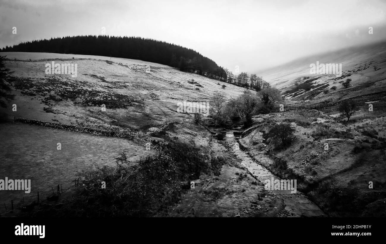 Awesome landscape of Brecon Beacons National Park in Wales - aerial view in black and white Stock Photo