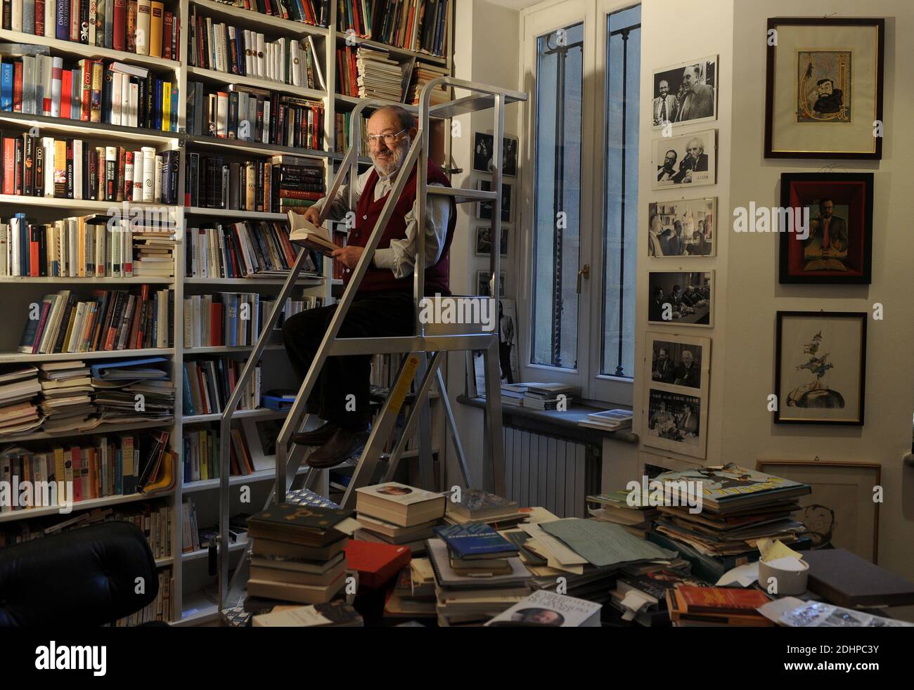 File photo : Italian writer Umberto Eco at home in Milan, Italy on March 6,  2014. Eco, best known for his novel The Name of the Rose, has died aged 84.  His