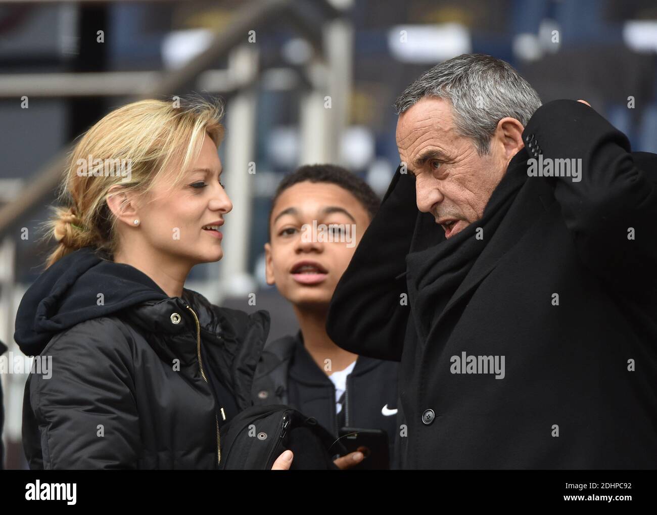 Thierry Ardisson and his wife Audrey Crespo-Mara attending the French First League (L1) football match between Paris Saint-Germain (PSG) and Reims at the Parc des Princes stadium in Paris, France on February 20, 2016. PSG won 4-1. Photo by Christian Liewig/ABACAPRESS.COM Stock Photo