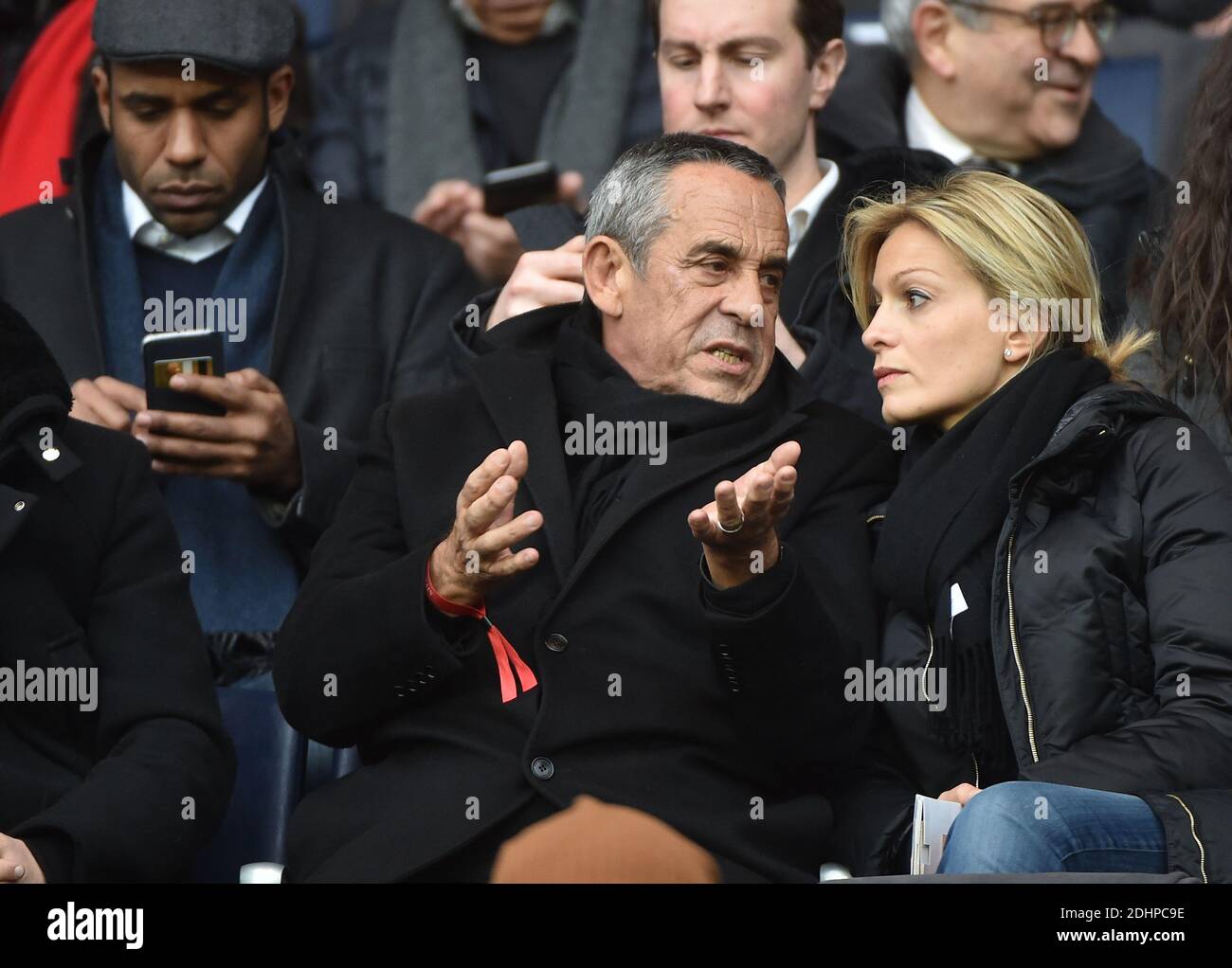 Loup-Denis Elion, TThierry Ardisson and his wife Audrey Crespo-Mara attending the French First League (L1) football match between Paris Saint-Germain (PSG) and Reims at the Parc des Princes stadium in Paris, France on February 20, 2016. PSG won 4-1. Photo by Christian Liewig/ABACAPRESS.COM Stock Photo