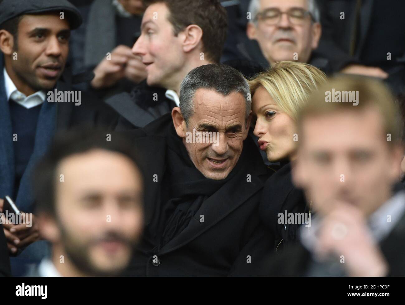 Loup-Denis Elion, TThierry Ardisson and his wife Audrey Crespo-Mara attending the French First League (L1) football match between Paris Saint-Germain (PSG) and Reims at the Parc des Princes stadium in Paris, France on February 20, 2016. PSG won 4-1. Photo by Christian Liewig/ABACAPRESS.COM Stock Photo
