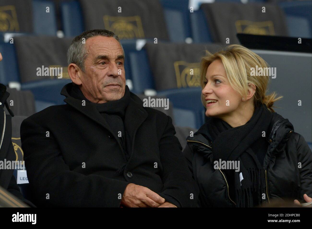 Thierry Ardisson and his wife Audrey Crespo-Mara during the French First League soccer match, Paris-St-Germain vs Reims in Parc des Princes, Paris, France on February 20th, 2016. PSG won 4-1. Photo by Henri Szwarc/ABACAPRESS.COM Stock Photo